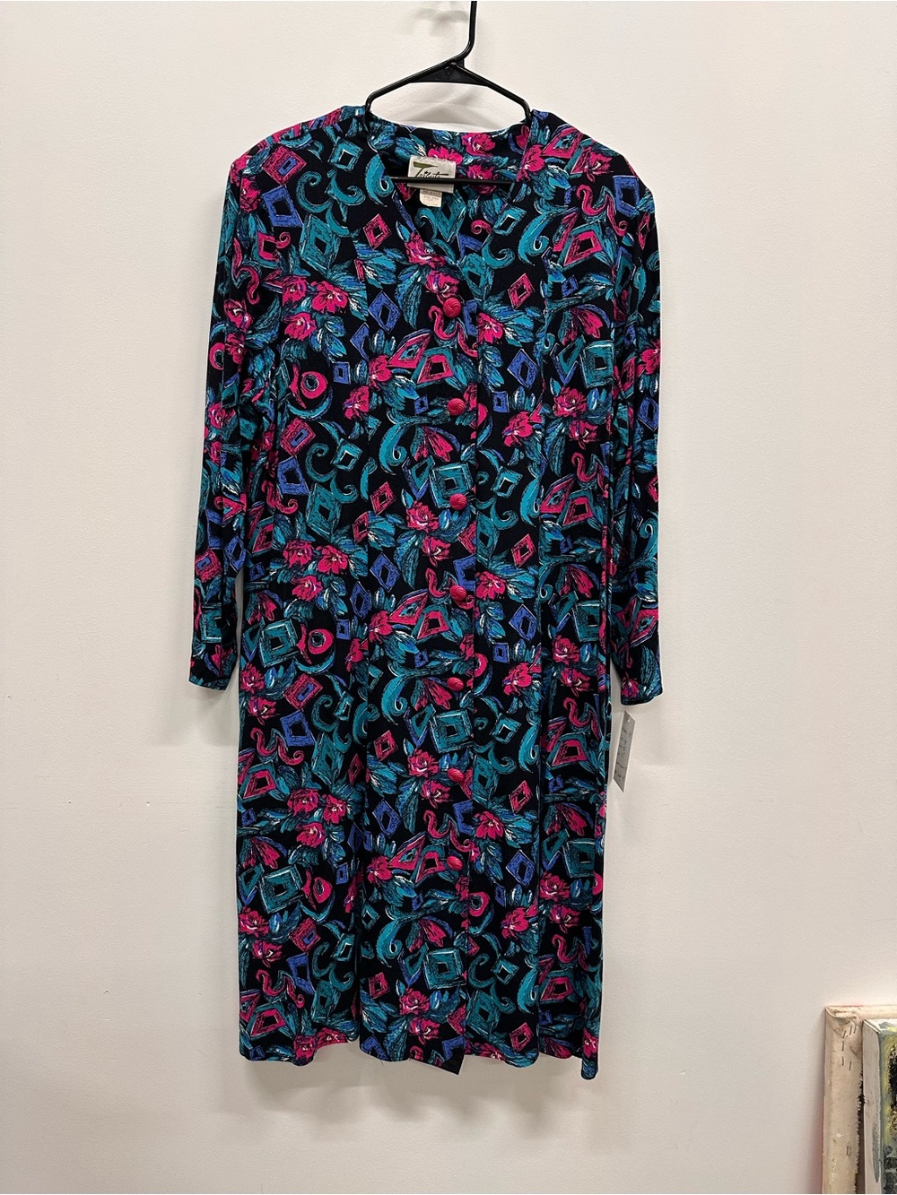 Vintage Long Sleeve Dress - Black, Teal & Fuchsia